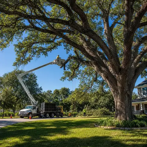 Large mature oak trees in a suburban yard with professional tree care equipment