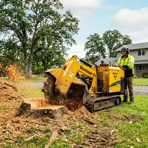 Large commercial stump grinder turning a tree stump into wood chips